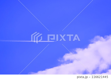 雲のある青空と飛行機 (背景素材） 116621445