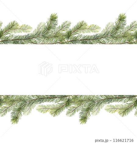 Fir tree garland. Christmas seamless border. Greeting card, winter floral frame. 116621716