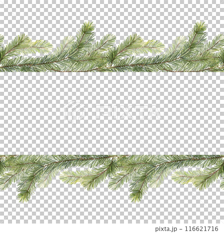 Fir tree garland. Christmas seamless border. Greeting card, winter floral frame. 116621716