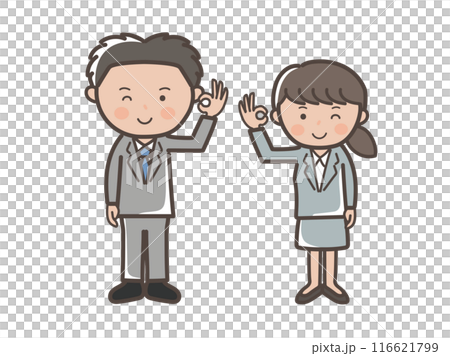 OKするリクルートスーツ風の若い男女ビジネスマンのイラスト 116621799