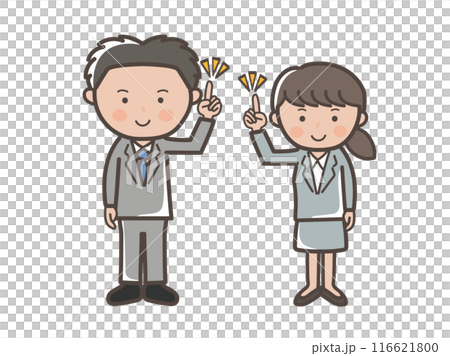 アイデアを思い付くリクルートスーツ風の若い男女ビジネスマンのイラスト 116621800