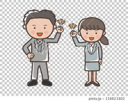 ガッツポーズでやる気満々のリクルートスーツ風の若い男女ビジネスマンのイラスト 116621802