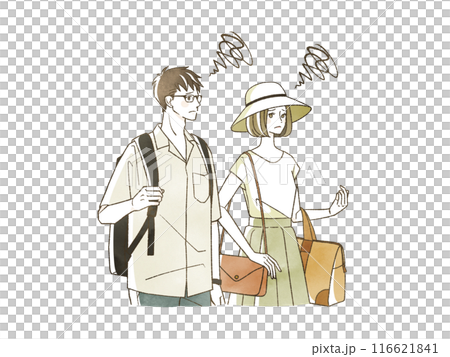 Men and women with troubled expressions traveling in the summer Men and women with troubled expressions traveling in the summer 116621841