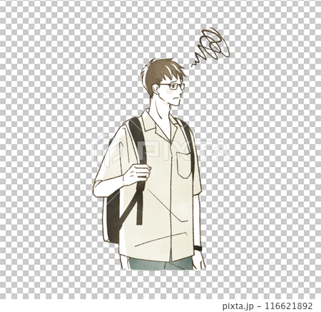 A man with a troubled expression carrying a backpack 116621892