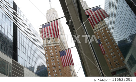 New York, american flag. Empire State building. Manhattan midtown city street banner, patriotism. 116622093