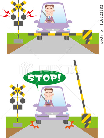 交通安全<踏切での車・ビジネスマン(男性)・踏切待ち・一時停止> 交通安全<踏切での車・ビジネスマン(男性)・踏切待ち・一時停止> 116622182