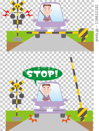 交通安全<踏切での車・ビジネスマン(男性)・踏切待ち・一時停止> 交通安全<踏切での車・ビジネスマン(男性)・踏切待ち・一時停止> 116622182