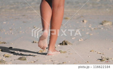 Close up woman legs walking sandy beach, feet leaving imprints on soft sand. Female footsteps create a trail on shoreline, enjoying summer holiday vacation. Travel, relax, tropical paradise. Back view Close up woman legs walking sandy beach, feet leaving imprints on soft sand. Female footsteps create a trail on shoreline, enjoying summer holiday vacation. Travel, relax, tropical paradise. Back view 116622184