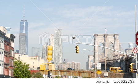 Brooklyn Bridge to Manhattan downtown. New York City skyline cityscape. World Trade Center, USA. 116622285