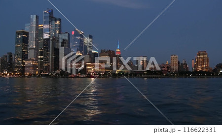 New York City skyline from ferry boat. Manhattan Midtown, Hudson Yards skyscrapers from river, USA. New York City skyline from ferry boat. Manhattan Midtown, Hudson Yards skyscrapers from river, USA. 116622331