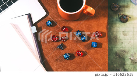 Many dice place on character paper for create begin adventure role playing tabletop and board games 116622619
