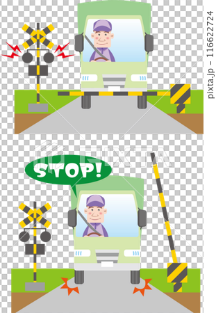 Traffic safety (Truck at a railroad crossing, Truck driver (male), Waiting at a railroad crossing, Stopping) Traffic safety (Truck at a railroad crossing, Truck driver (male), Waiting at a railroad crossing, Stopping) 116622724