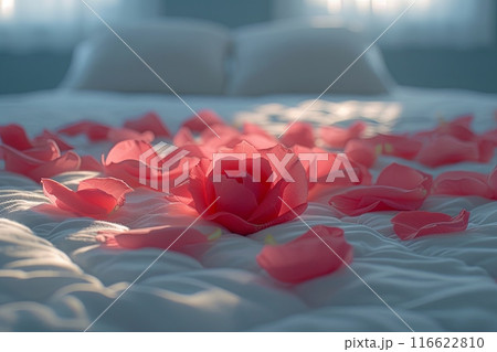 Bed with a white sheet and pink rose petals scattered on it 116622810