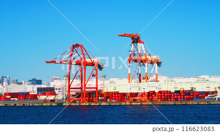 東京湾のガントリークレーン(海キリン)と青空の風景 東京湾のガントリークレーン(海キリン)と青空の風景 116623083