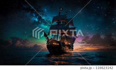 A mysterious pirate ship sailing under the starry night sky. AI Generated A mysterious pirate ship sailing under the starry night sky. AI Generated 116623142