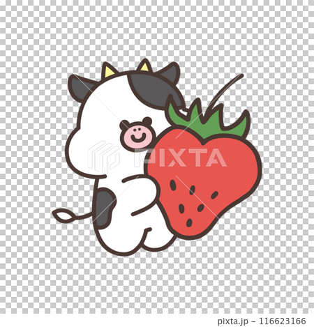 イチゴを持ったかわいいウシのイラスト 116623166