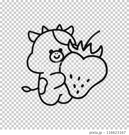 イチゴを持ったかわいいウシのイラスト・線画 116623167