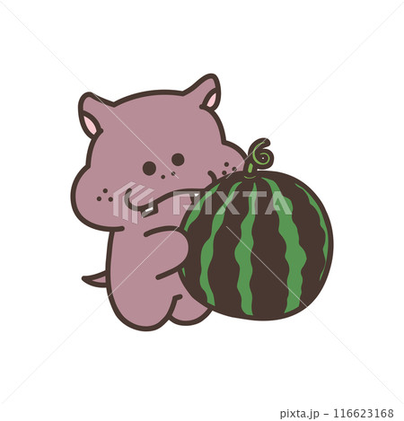 スイカを持ったかわいいカバのイラスト 116623168