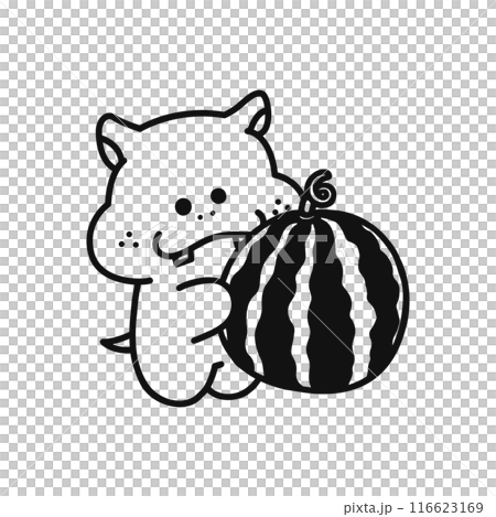 スイカを持ったかわいいカバのイラスト・線画 116623169