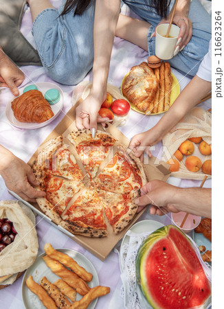 Family on a picnic. Several hands take pizza Family on a picnic. Several hands take pizza 116623264