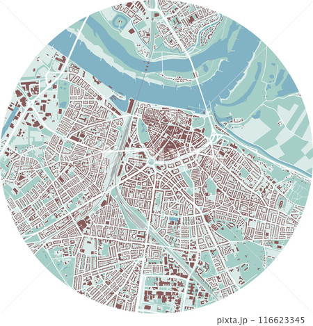 Circle map of Nijmegen, Netherlands. Detailed round map with buildings, roads, parks. 116623345