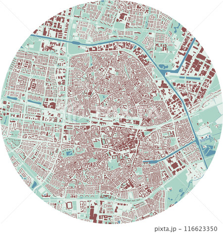 Circle map of Tilburg, Netherlands. Detailed round map with buildings, roads, parks. 116623350