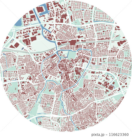 Circle map of Breda, Netherlands. Detailed round map with buildings, roads, parks. 116623360