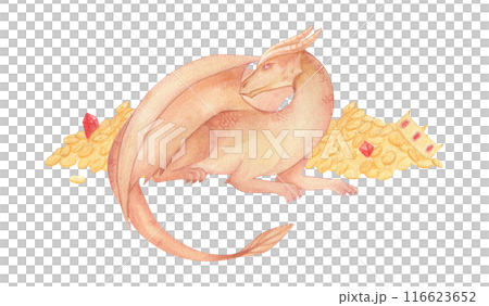 Watercolor illustration of a fantasy dragon in orange and red and pile of treasures. Medieval illustration isolated. Hand drawn, sketch. For children's room decor, poster, invitation Watercolor illustration of a fantasy dragon in orange and red and pile of treasures. Medieval illustration isolated. Hand drawn, sketch. For children's room decor, poster, invitation 116623652