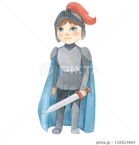 Watercolor illustration of a fantasy prince in blue and gray armor with sword. Medieval illustration isolated. Hand drawn, sketch. For children's room decor, poster, invitation Watercolor illustration of a fantasy prince in blue and gray armor with sword. Medieval illustration isolated. Hand drawn, sketch. For children's room decor, poster, invitation 116623665