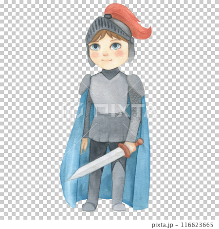 Watercolor illustration of a fantasy prince in blue and gray armor with sword. Medieval illustration isolated. Hand drawn, sketch. For children's room decor, poster, invitation Watercolor illustration of a fantasy prince in blue and gray armor with sword. Medieval illustration isolated. Hand drawn, sketch. For children's room decor, poster, invitation 116623665