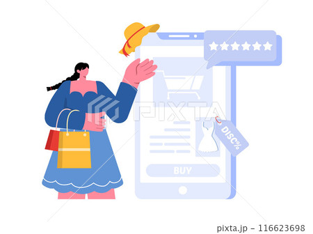 Vector Illustration for a Fashion Blog with Bloggers Reviewing Videos of Fashionable Clothing Trends, Featuring an Online Runway in a Flat Background 116623698