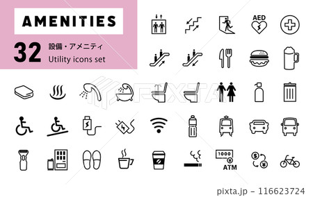 施設・館内設備・アメニティ・館内地図・フロアマップの線画アイコンセット 116623724