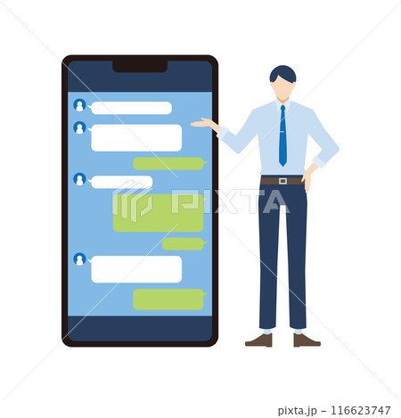 SNSアプリを紹介するサラリーマンのイラスト 116623747