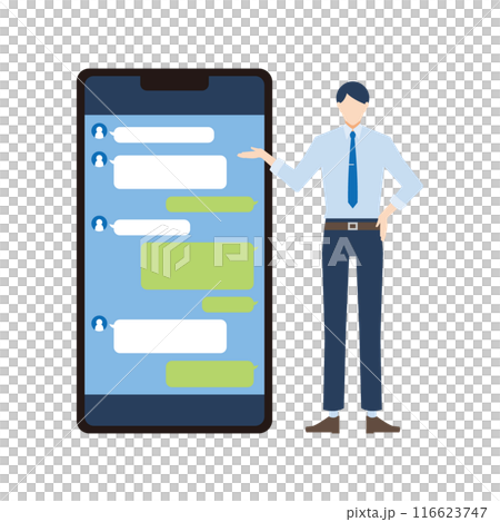SNSアプリを紹介するサラリーマンのイラスト 116623747