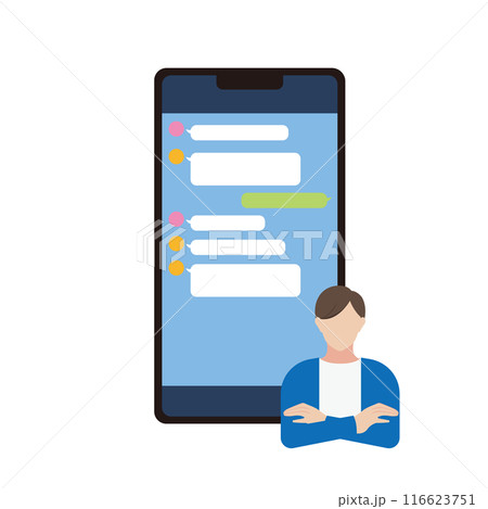 SNSアプリでのやり取りに悩む男性のイラスト SNSアプリでのやり取りに悩む男性のイラスト 116623751