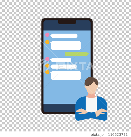 SNSアプリでのやり取りに悩む男性のイラスト SNSアプリでのやり取りに悩む男性のイラスト 116623751