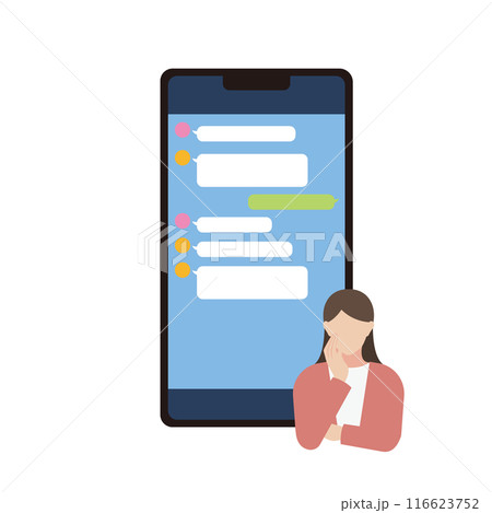 SNSアプリでのやり取りに悩む女性のイラスト 116623752
