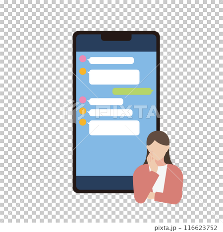SNSアプリでのやり取りに悩む女性のイラスト 116623752