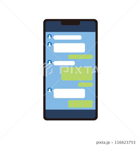 SNSアプリの画面が表示されたスマートフォンのイラスト SNSアプリの画面が表示されたスマートフォンのイラスト 116623753