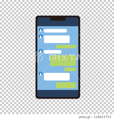 SNSアプリの画面が表示されたスマートフォンのイラスト SNSアプリの画面が表示されたスマートフォンのイラスト 116623753