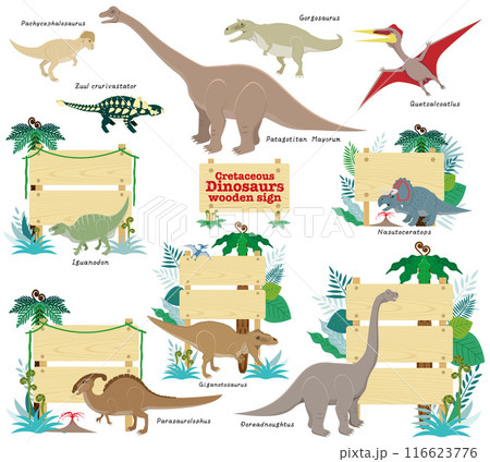 パラサウロロフスなどを含む白亜紀メインの恐竜達と木の看板 116623776