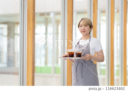 カフェで働く金髪ショートヘアの女性(髪色自由、自分らしく働く、職場環境)) カフェで働く金髪ショートヘアの女性(髪色自由、自分らしく働く、職場環境)) 116623802
