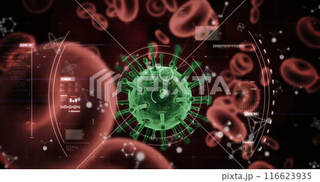 Abstract red shapes over scope scanning over covid-19 cell and blood vessels against red background 116623935
