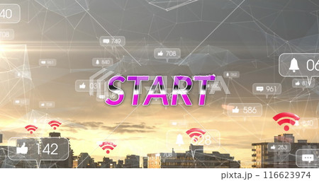 Image of start and social media reactions over cityscape 116623974