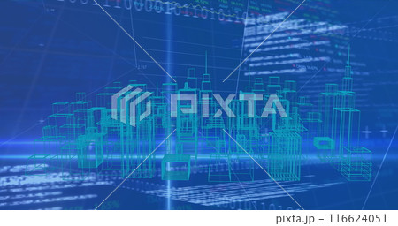 Image of digital city over data processing on blue background Image of digital city over data processing on blue background 116624051