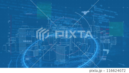 Image of digital city over scope scanning and data processing on blue background Image of digital city over scope scanning and data processing on blue background 116624072