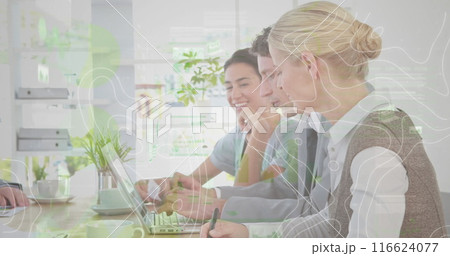 Screens with data processing and topography over group of diverse businesspeople in meeting room 116624077