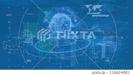 Image of digital city over scope scanning and data processing on blue background 116624082