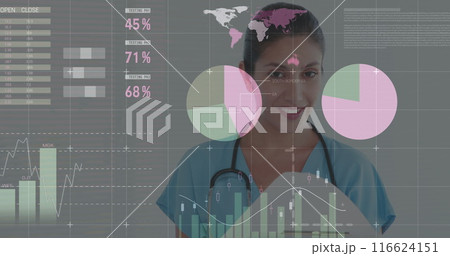 Image of statistics and data processing over caucasian businesswoman using phone headset 116624151