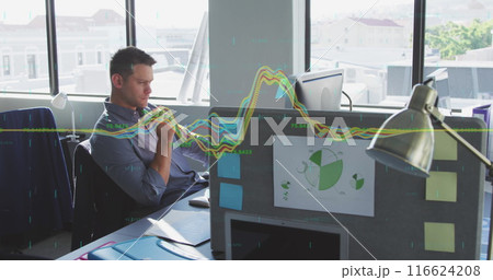 Image of financial data processing against thoughtful caucasian man sitting at office Image of financial data processing against thoughtful caucasian man sitting at office 116624208